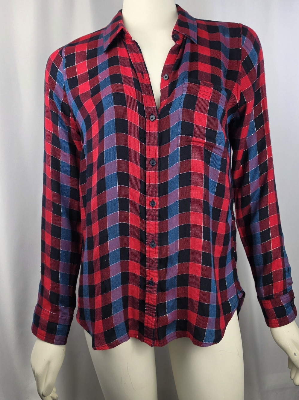 Lucky Brand Plaid Button Down Shirt Small Red Blue Relaxed Flannel